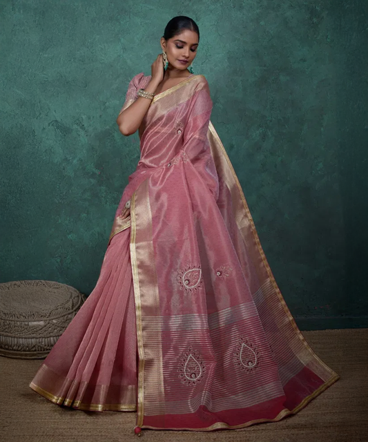 Pinkes Saree mit Traditionelem Muster aus Linen - Desiwear