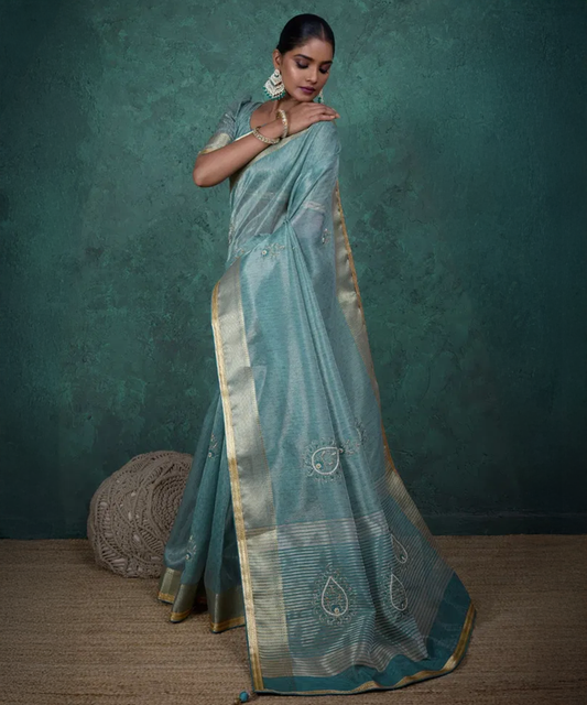 Blaues Saree mit Traditionelem Muster aus Linen - Desiwear