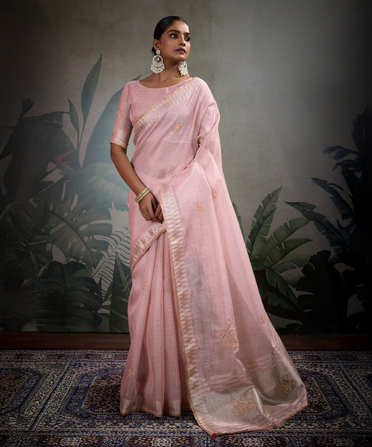 Rosanes Saree mit Goldenem Akzent aus Linen - Desiwear