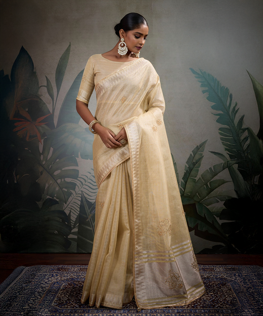 Gelbes Saree mit Goldenem Akzent aus Linen - Desiwear
