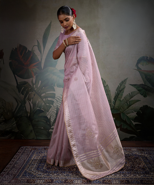 Pastellilanes Saree mit Goldenem Akzent aus Linen - Desiwear