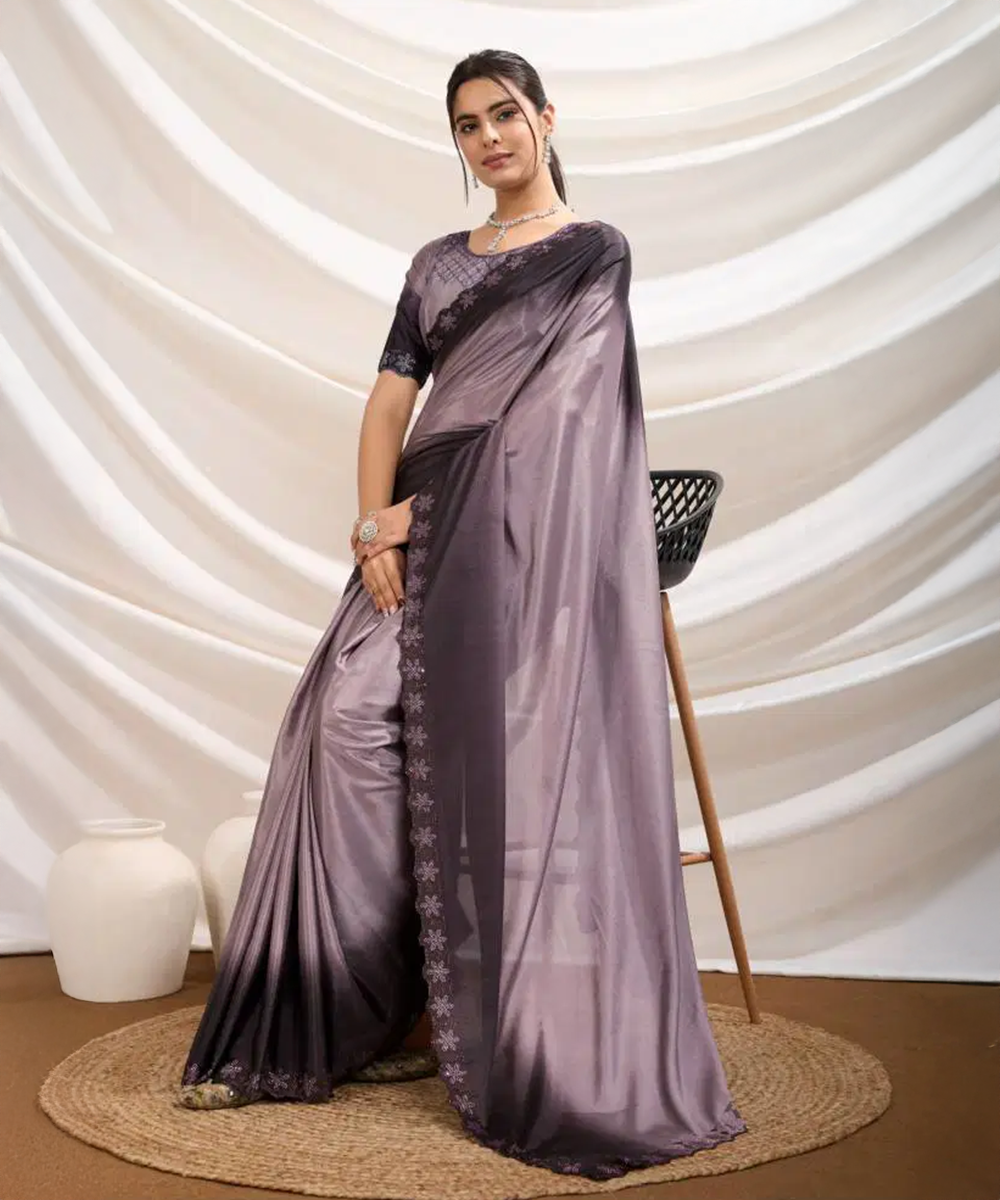 Graues Saree mit Ombre Farbverlauf aus Crepe - Desiwear