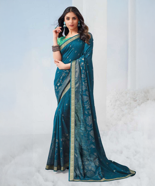 Türkises Saree mit Goldenem Muster aus Fancy Fabrics - Desiwear