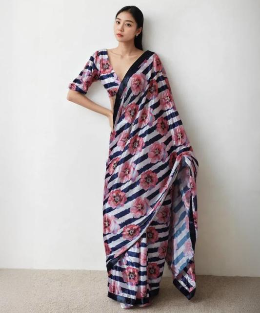 Blau Weiß Pinkes Saree mit Einzigartigem Muster aus Chinon - Desiwear