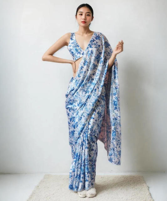 Blau Weißes Saree mit Einzigartigem Muster Chinon - Desiwear