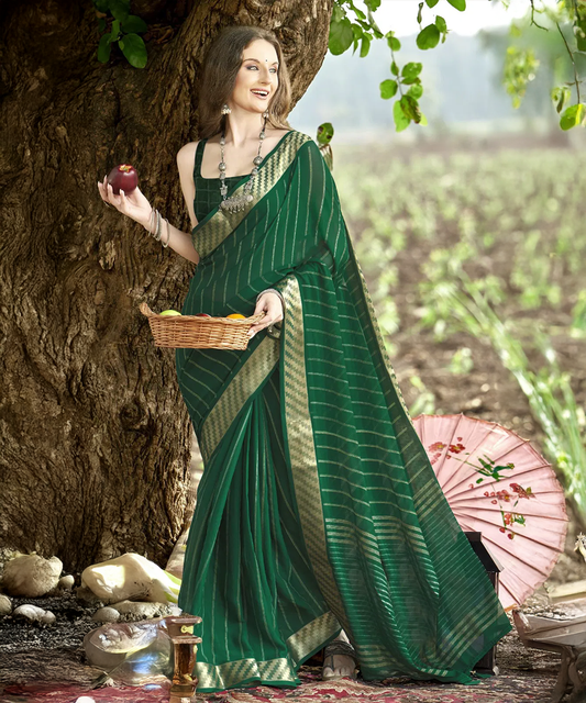 Grünes Saree mit Goldenen Streifen aus Georgette - Desiwear