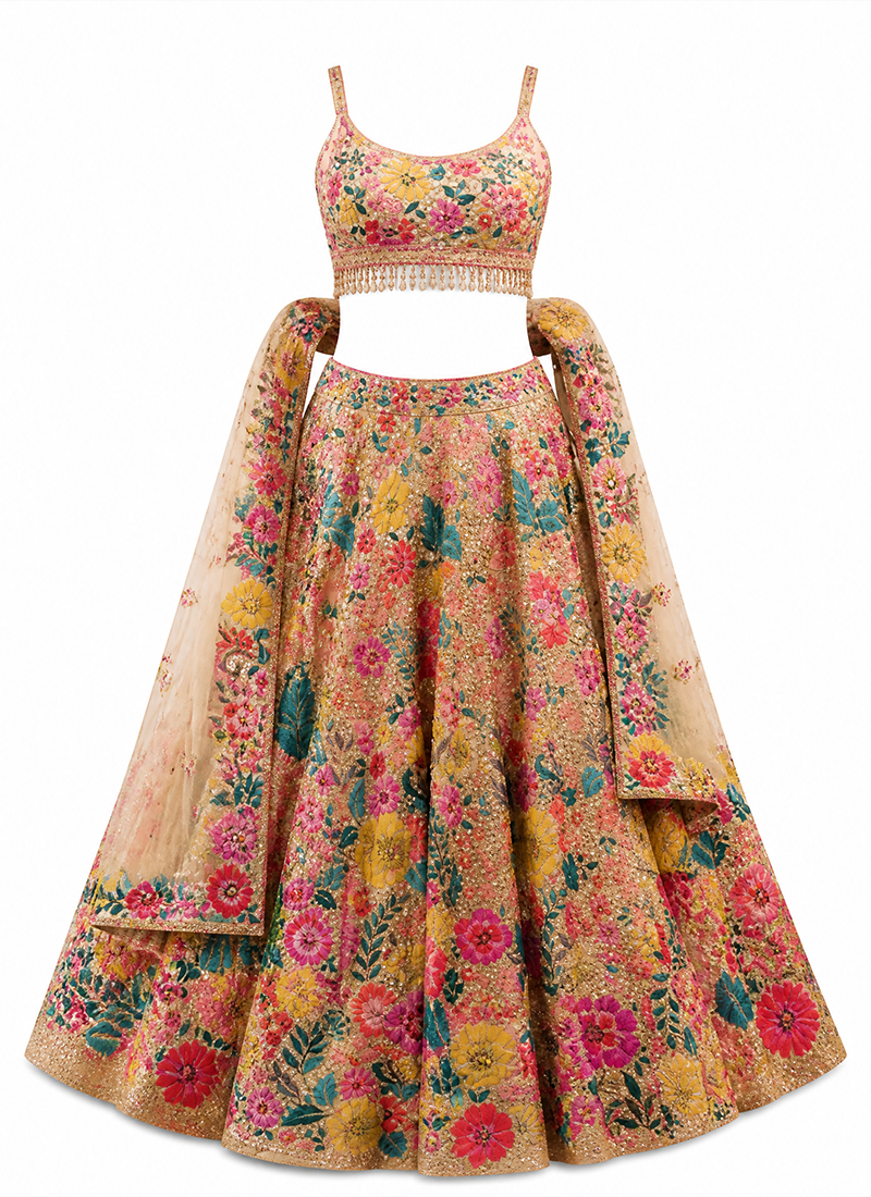 Georgette Lehenga Choli mit Blumen-Pailletten-Stickerei in Creme