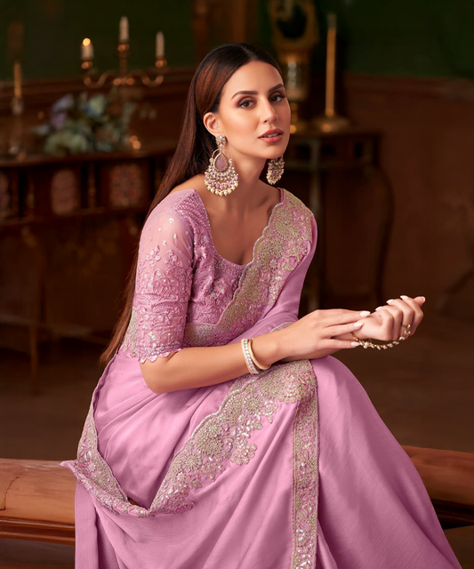 Pink saree with silver trim