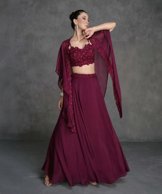 Wine Red Georgette Lehenga with Floral Embroidered Blouse — Wine Red — Ready to ship