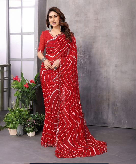 Eleganz in Rot Georgette Saree mit floraler Spitzenbordüre