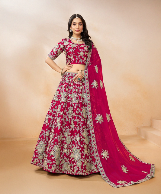Pinker Lehenga mit hochwertigen gesticktem Muster Desiwear