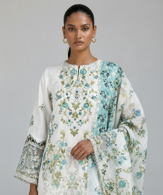 Bestickte Baumwoll-Salwar Kameez mit Chiffon-Dupatta