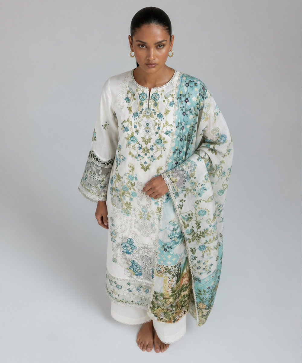 Bestickte Baumwoll-Salwar Kameez mit Chiffon-Dupatta