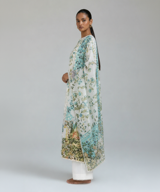 Bestickte Baumwoll-Salwar Kameez mit Chiffon-Dupatta