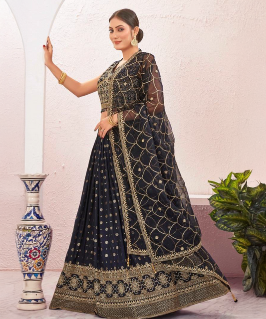 Dark blue jacquard lehenga