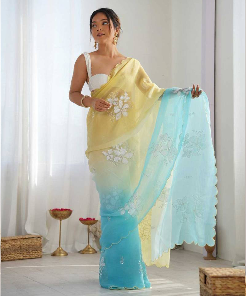 Georgette Saree in Gelb-Blau mit Stickerei