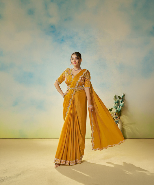 Gelber Mahotsav Odyssey Satin-Seide Designer Saree