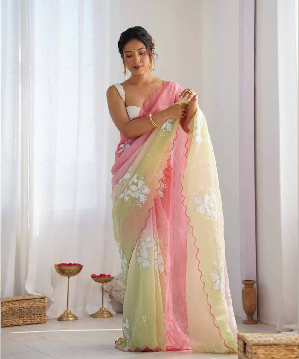Gelb & Rosa Georgette Saree mit Stickereien