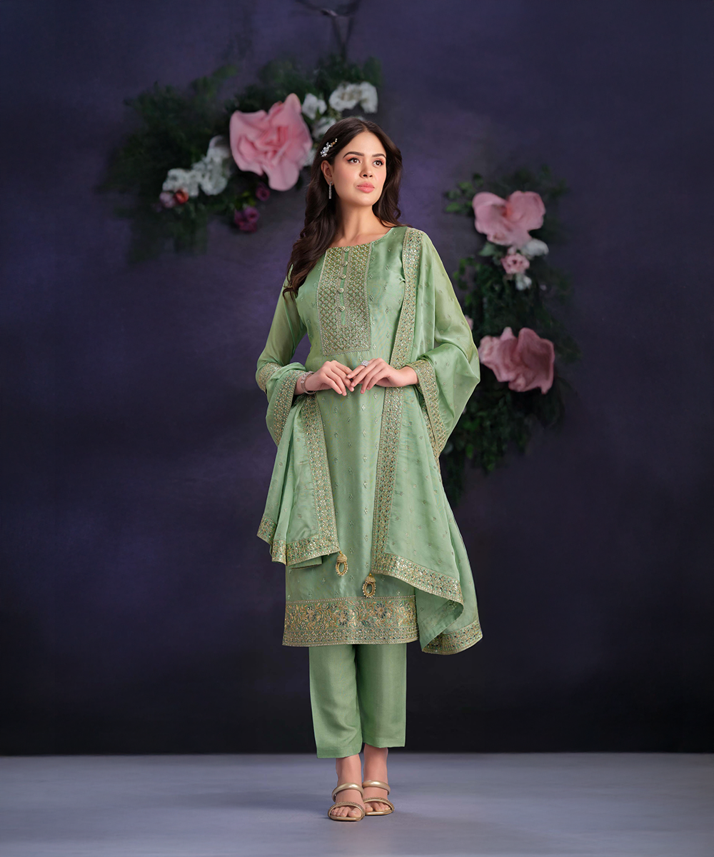 Organza Grün Salwar Kameez — Grün — Sofort lieferbar
