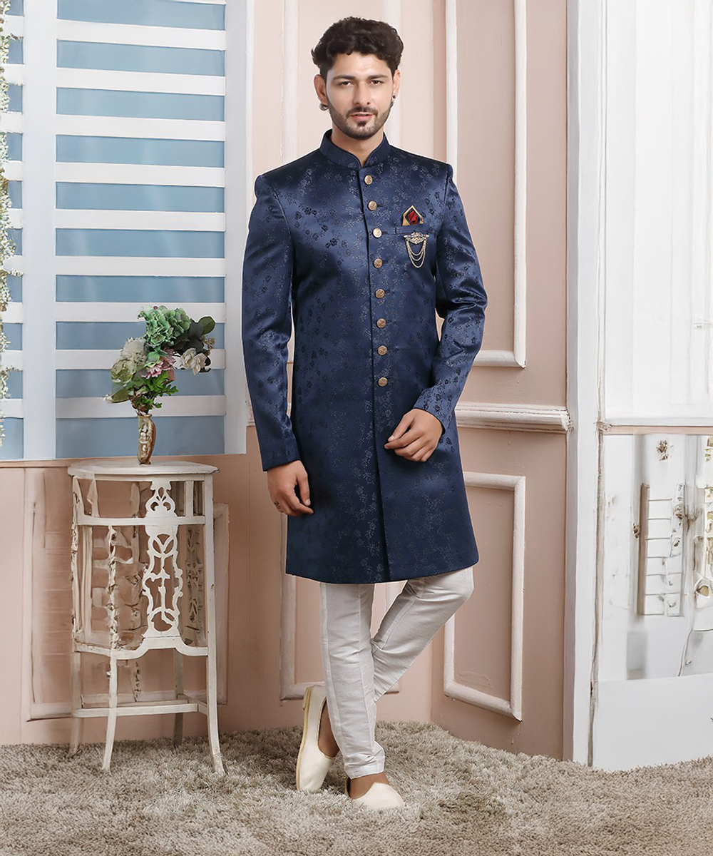 Dunkelblaues Designer Wedding Jacket mit Blumenmuster Desiwear