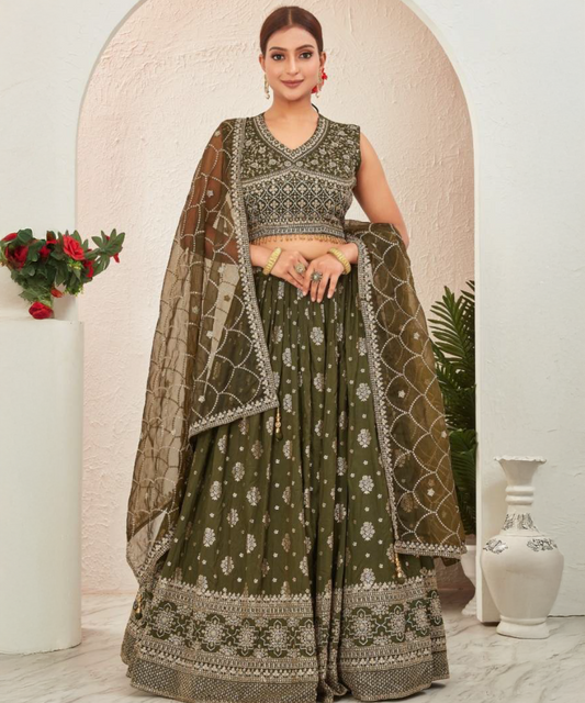 Khaki Jacquard Lehenga