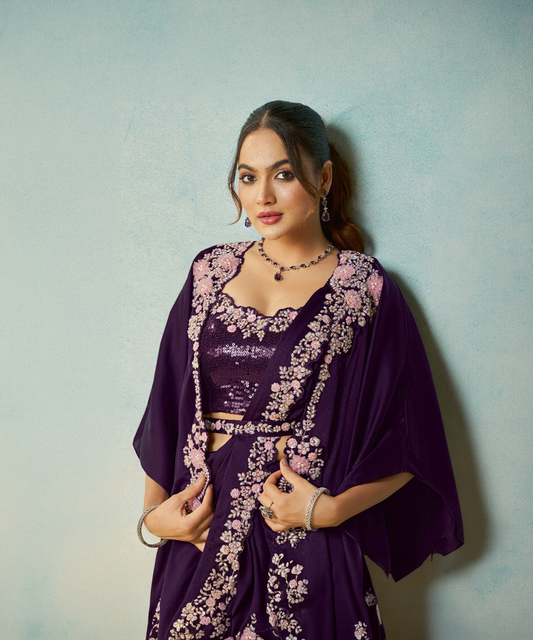 Aubergine Mahotsav Odyssey Satin-Seide Designer Saree