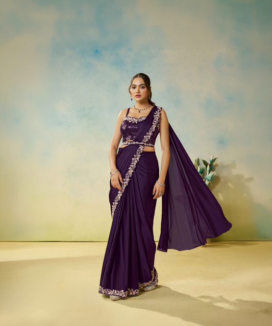 Aubergine Mahotsav Odyssey Satin-Seide Designer Saree
