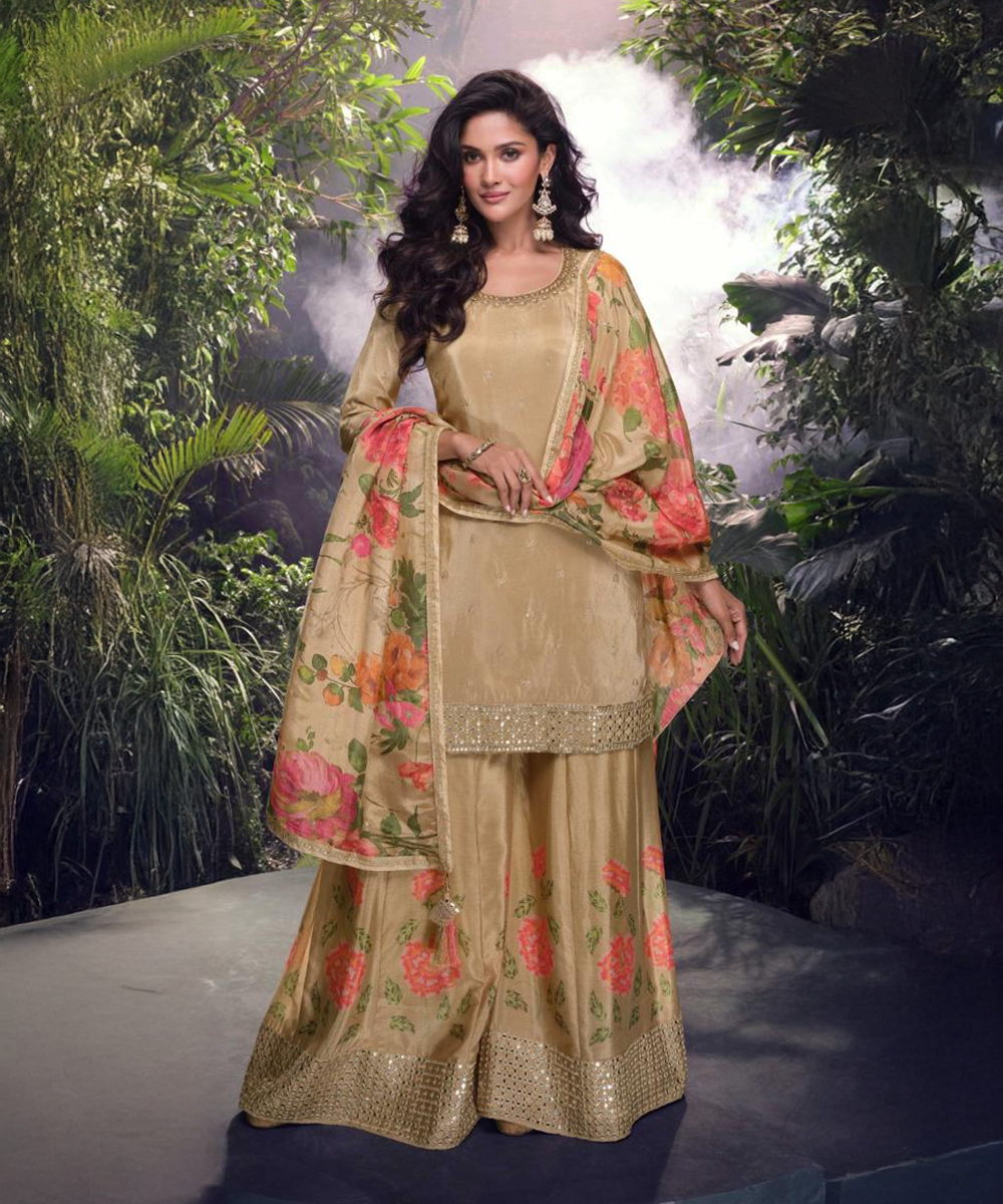 Beiges Salwar Kameez mit Blumen Muster — Orange — Sofort lieferbar