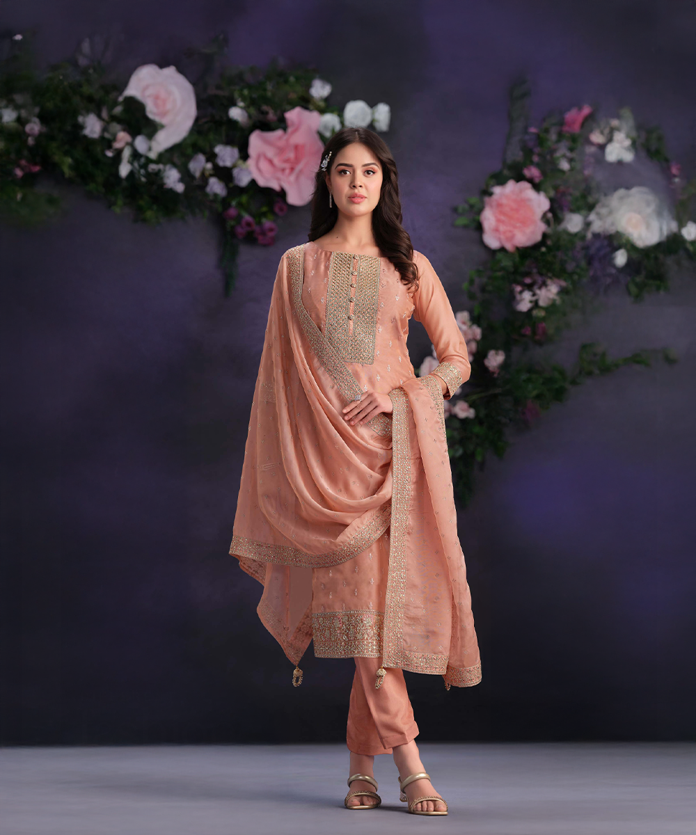 Organza Peach Salwar Kameez — Peach — Sofort lieferbar