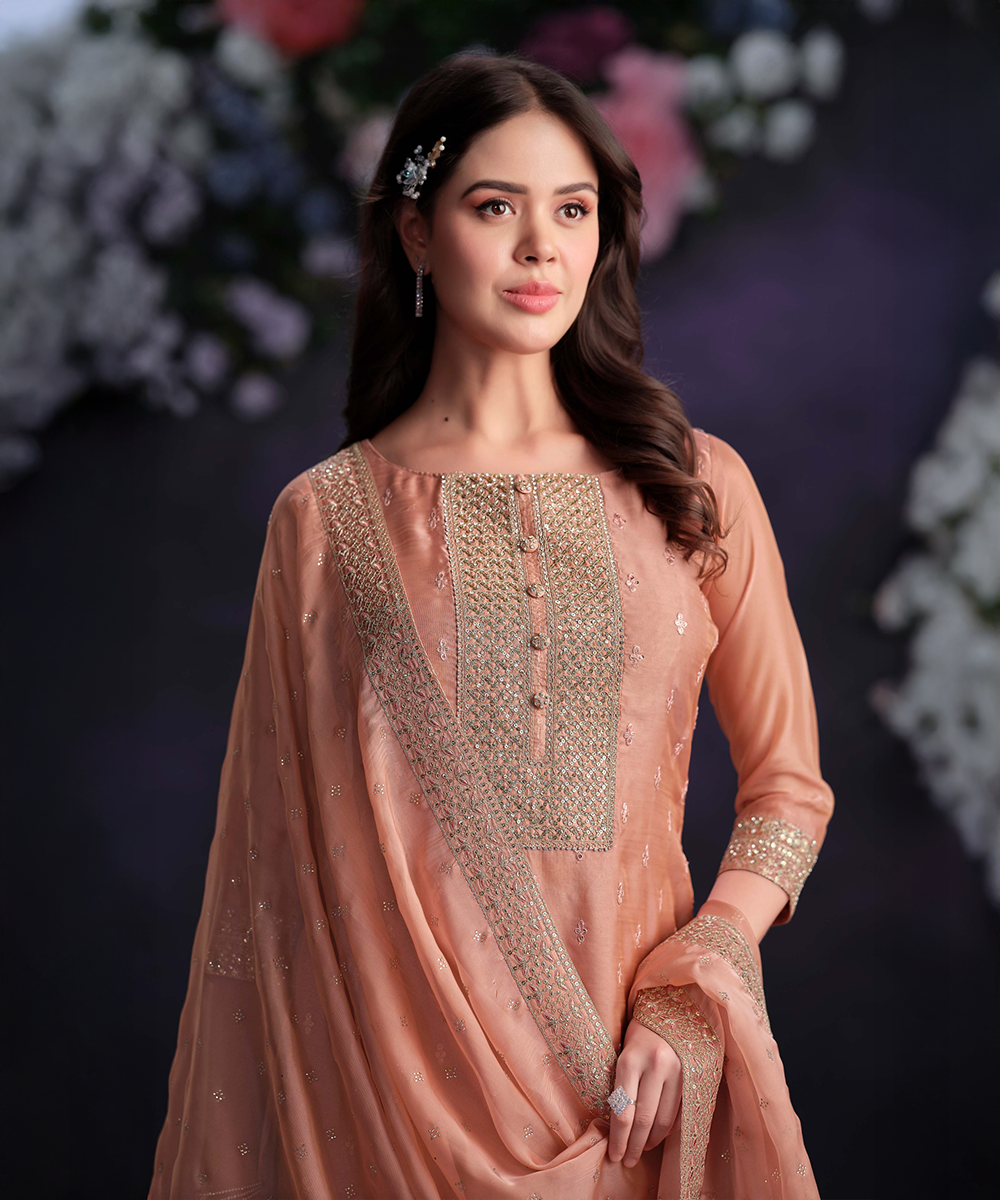 Organza Peach Salwar Kameez — Peach — Sofort lieferbar