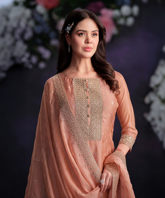 Organza Peach Salwar Kameez — Peach — In stock