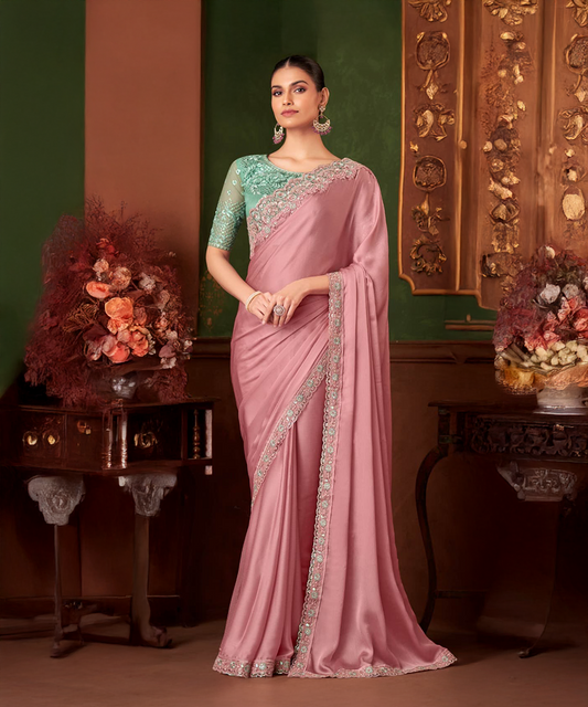 Pink saree with green blouse