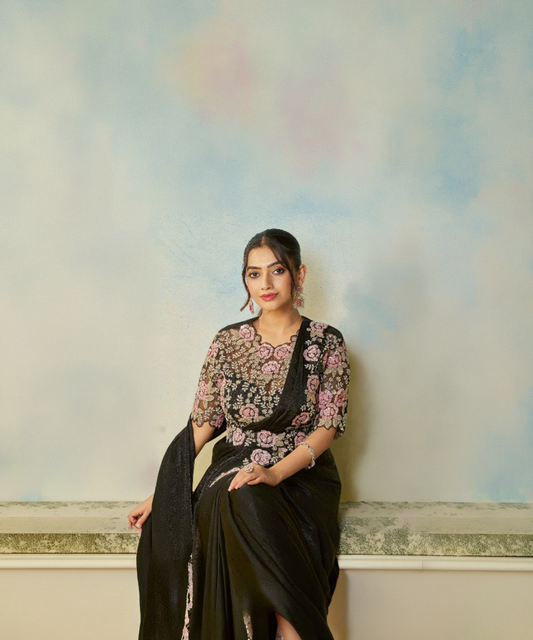 Schwarzer Mahotsav Odyssey Zweifarbiger Satin-Seide Designer Saree