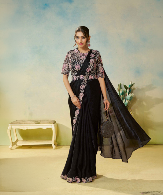 Schwarzer Mahotsav Odyssey Zweifarbiger Satin-Seide Designer Saree
