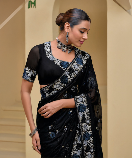 Black saree with blue roses