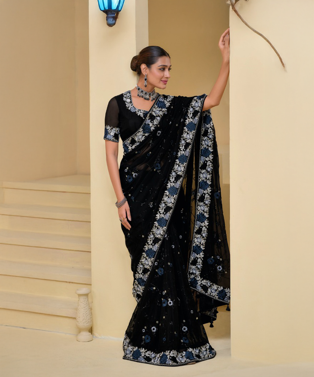 Black saree with blue roses